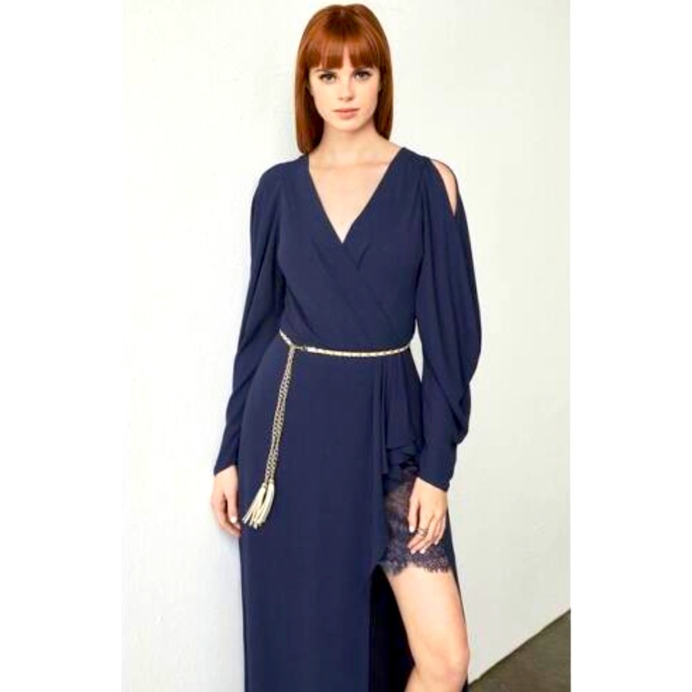 BCBGMAXAZRIA- Dark Navy Kiko Georgette Draped Sleeve Gown- Size 8 EUC